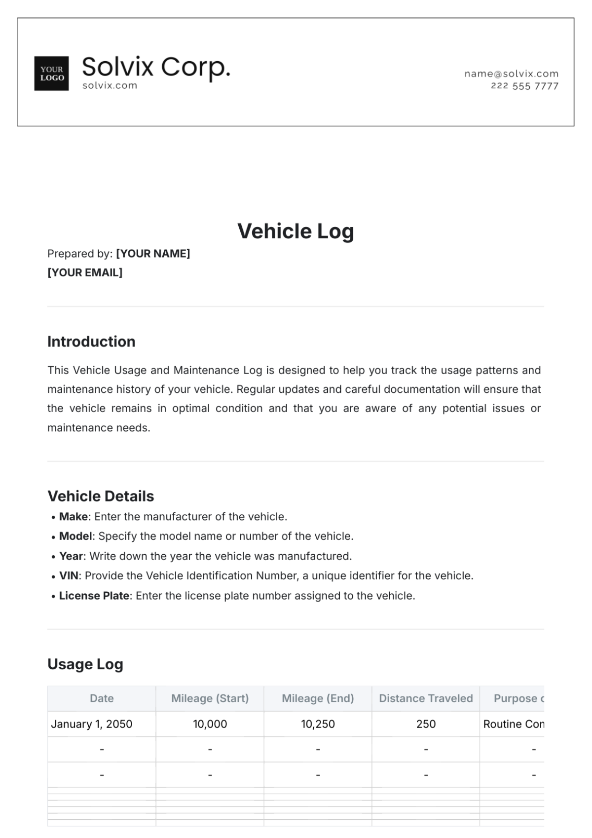 Blank Vehicle Log Template - Edit Online & Download