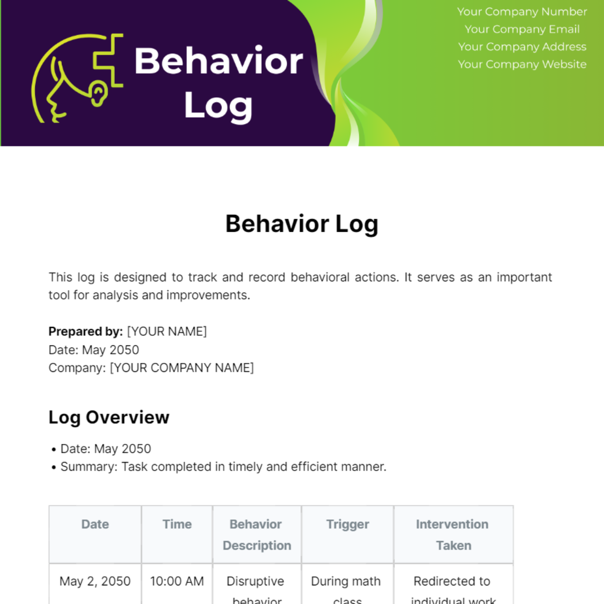 Behavior Log Template
