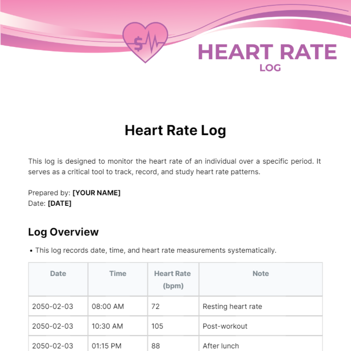 Heart Rate Log Template
