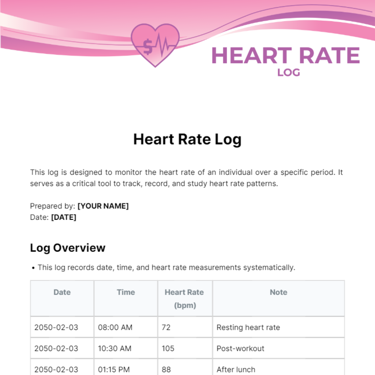 Heart Rate Log Template - Edit Online & Download