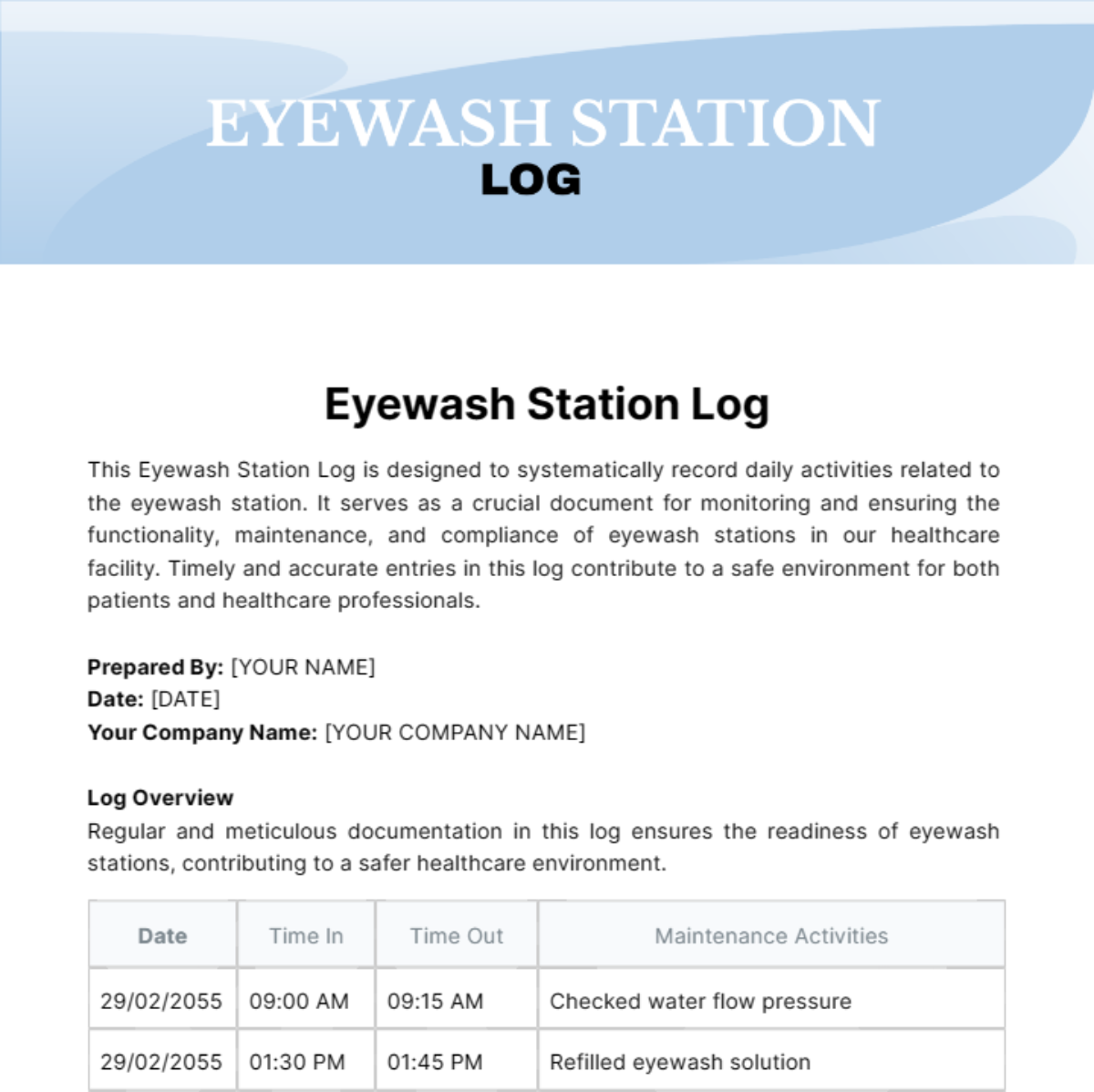 Eyewash Station Log Template
