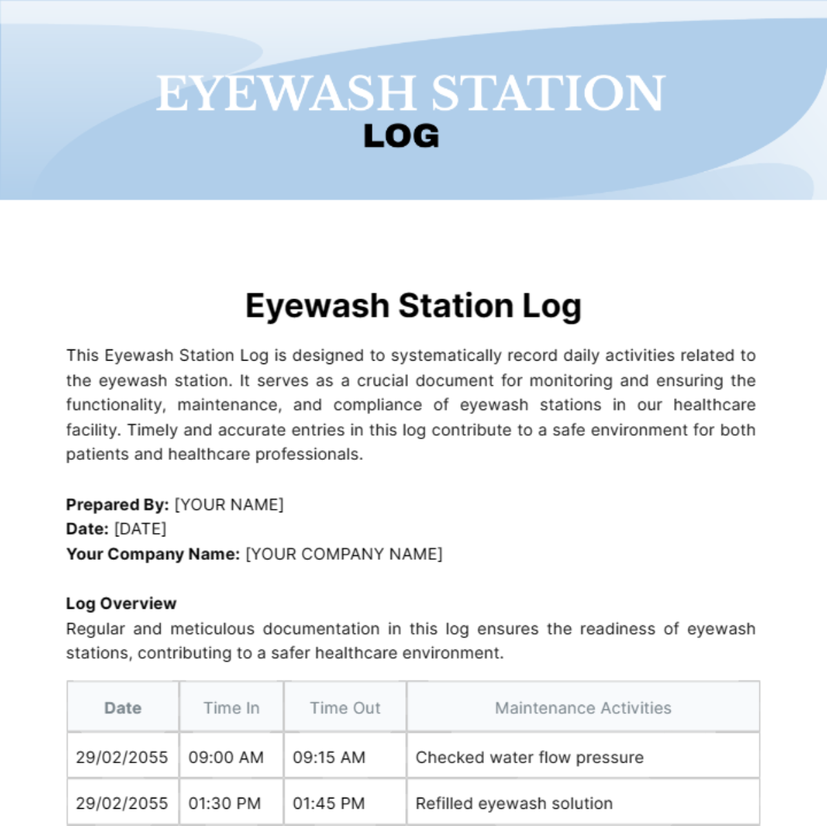 Eyewash Station Log Template - Edit Online & Download