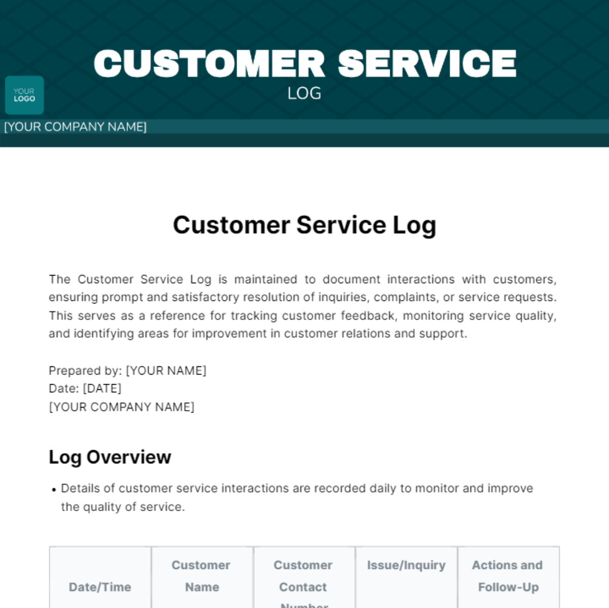 Customer Service Log Template