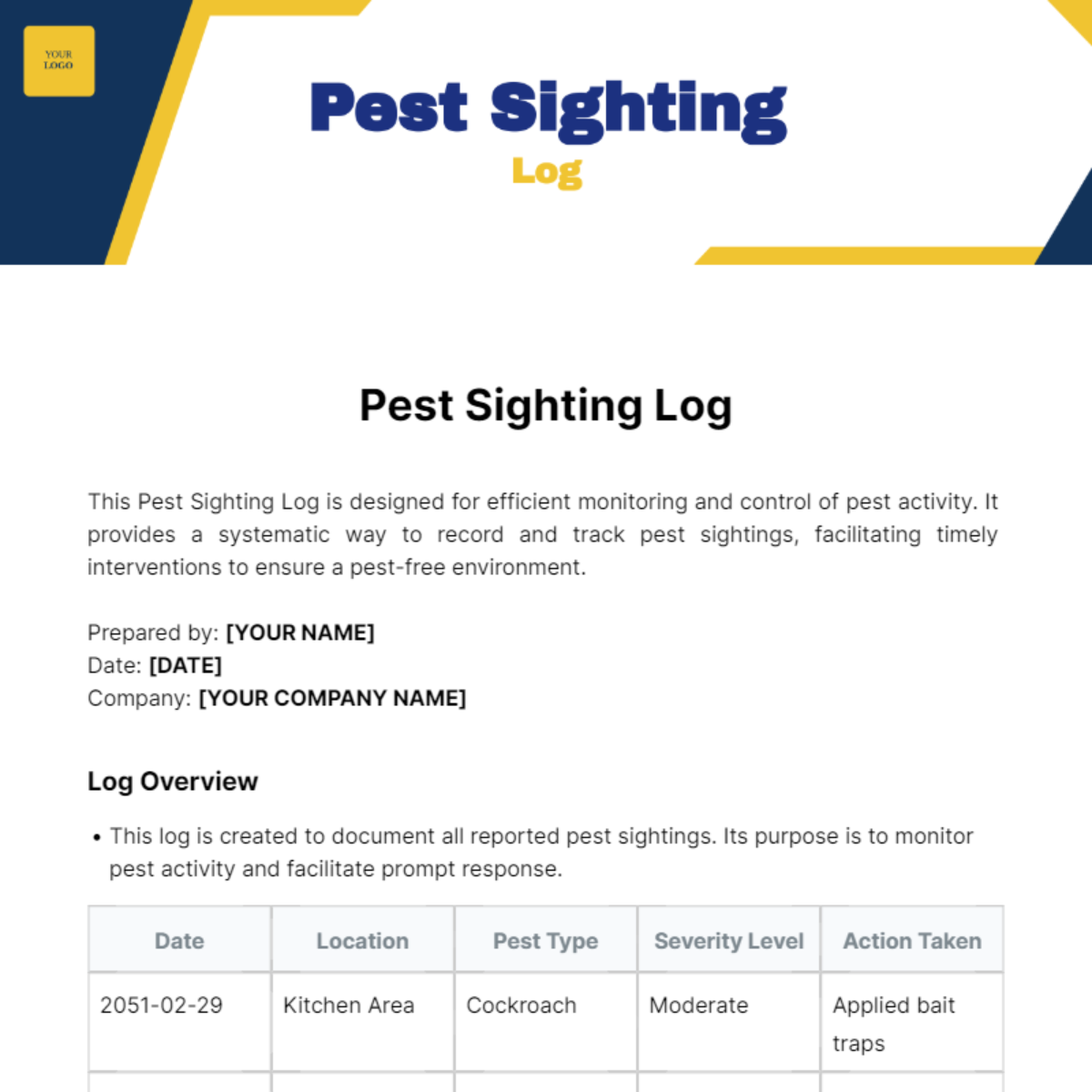 Pest Sighting Log Template