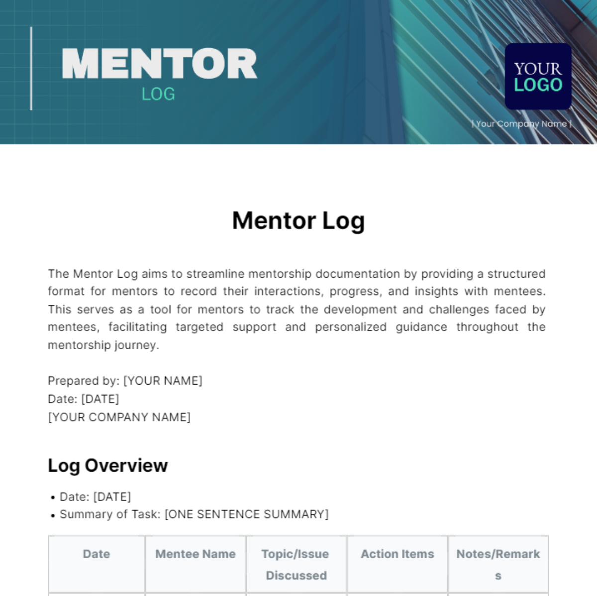 Mentor Log Template - Edit Online & Download