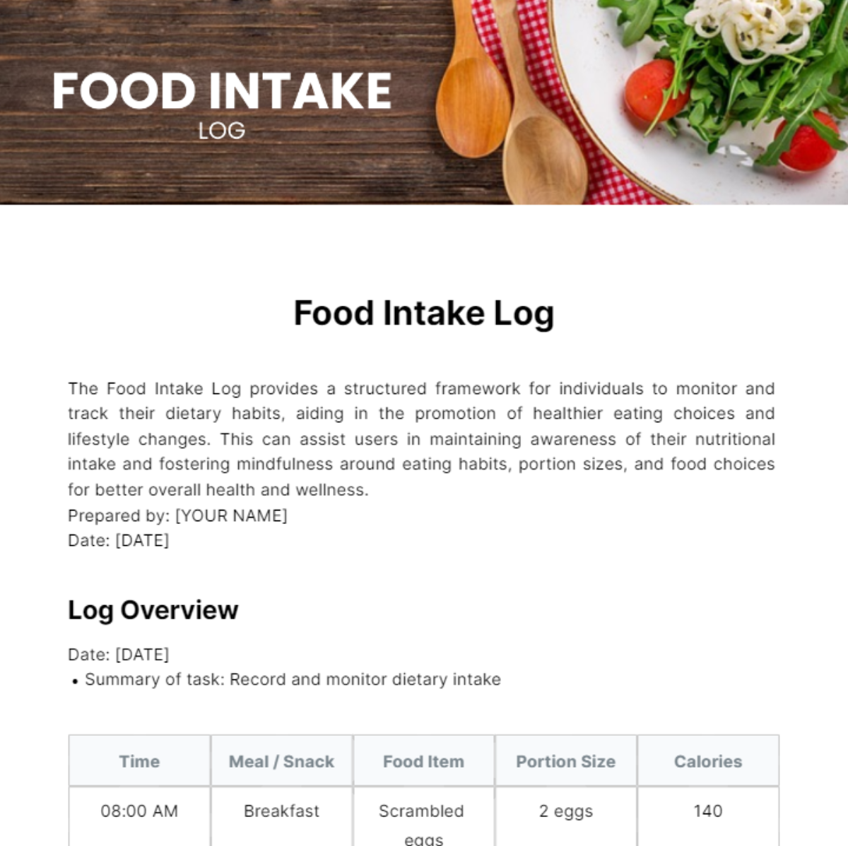 Food Intake Log Template