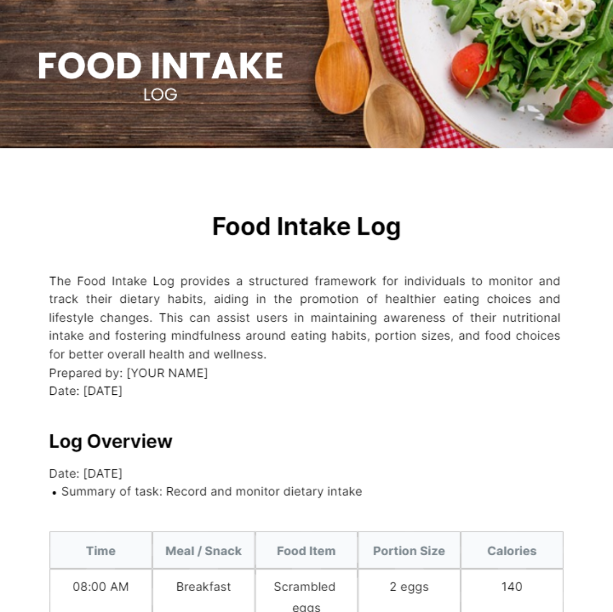 Food Intake Log Template - Edit Online & Download