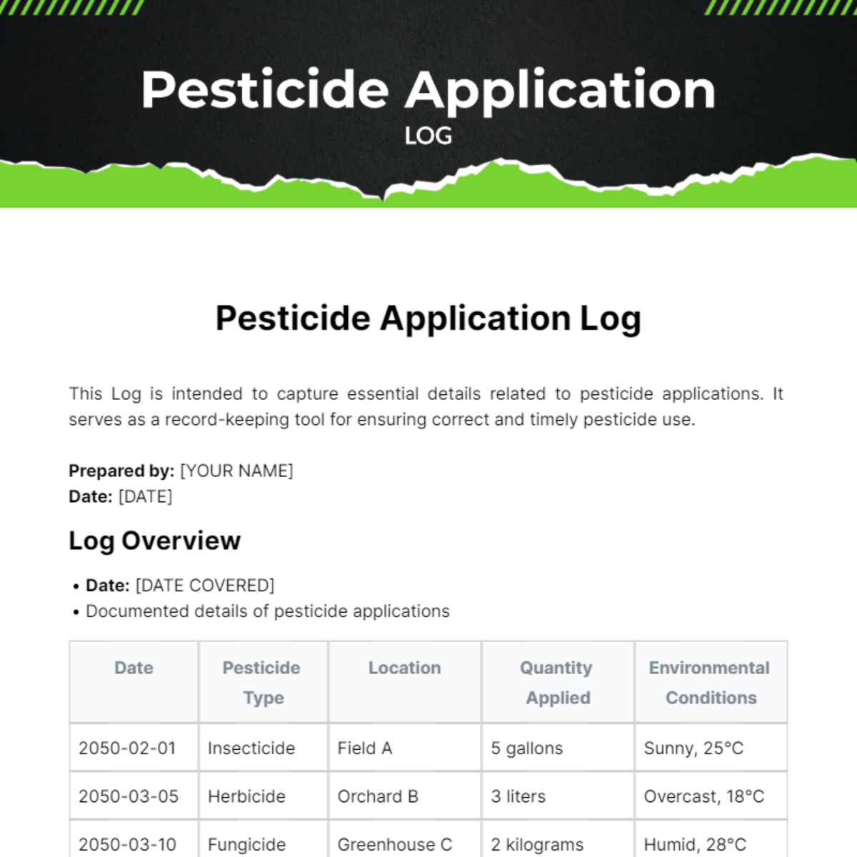 Pesticide Application Log Template