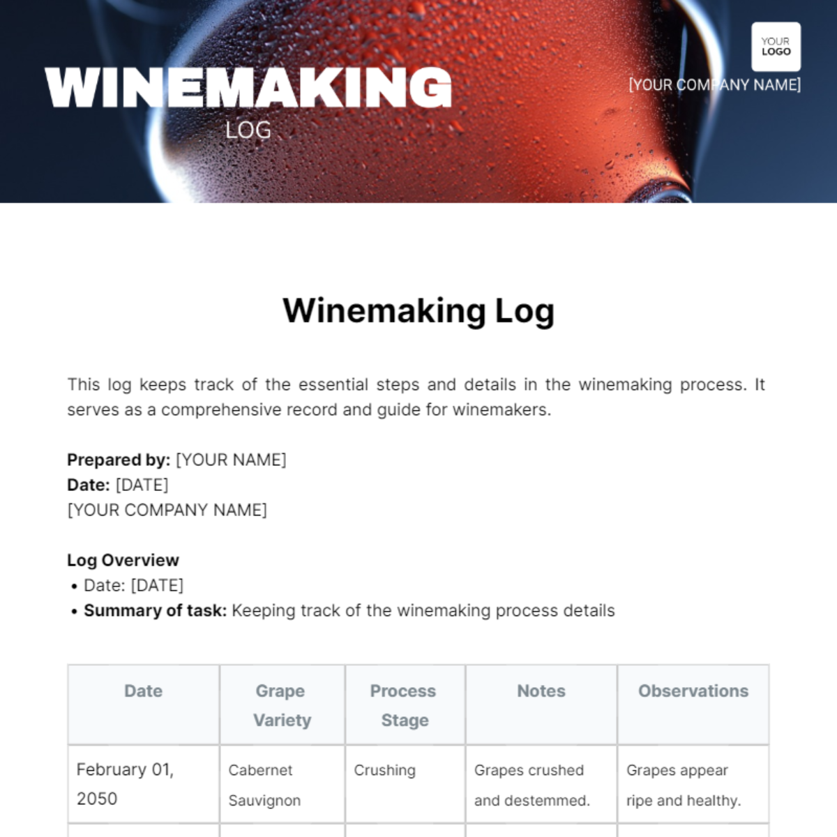 Winemaking Log Template