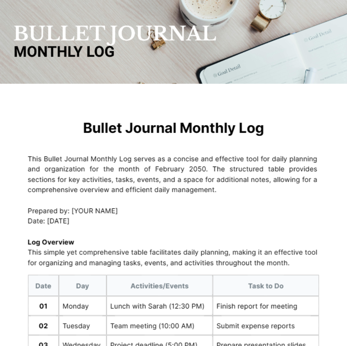 Bullet Journal Monthly Log Template