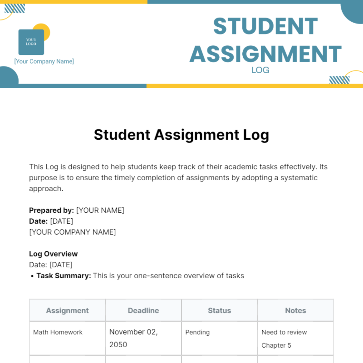 Student Assignment Log Template