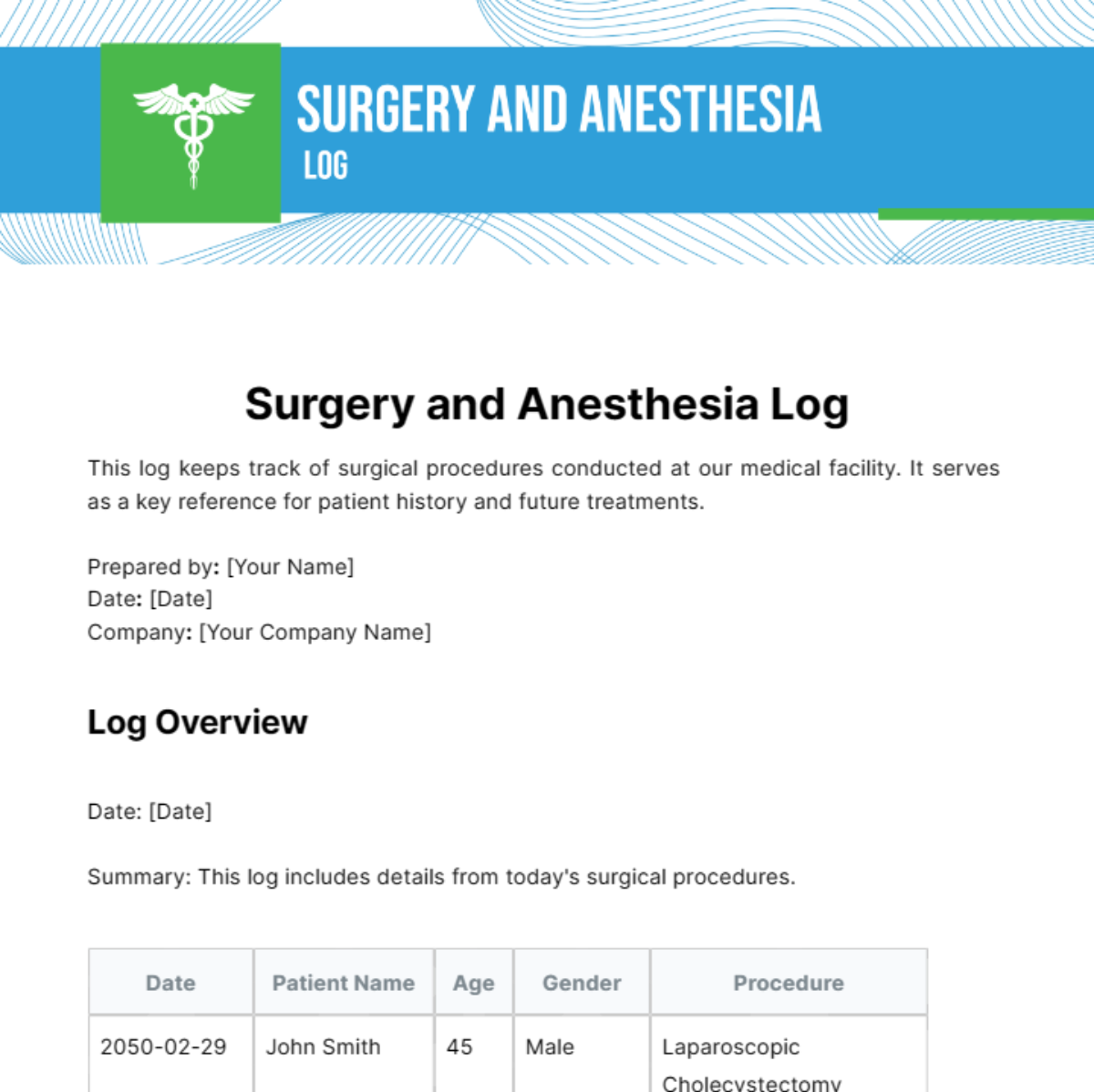Surgery and Anesthesia Log Template