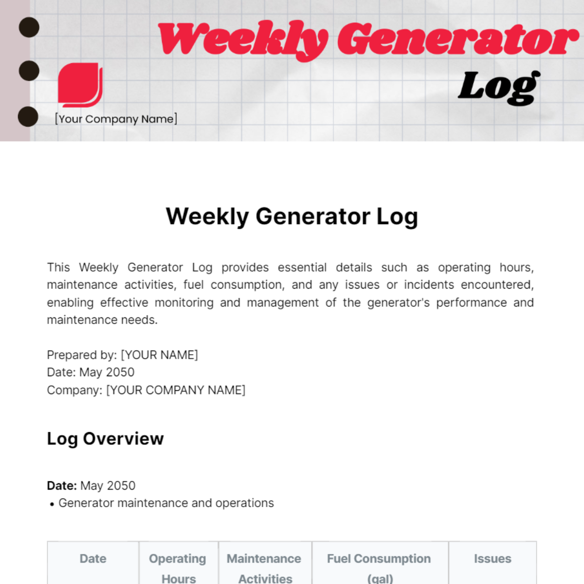 Weekly Generator Log Template