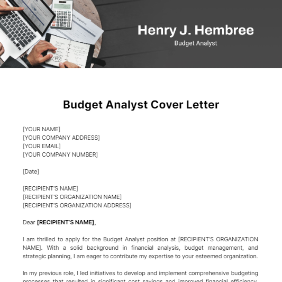 Budget Analyst Cover Letter Template