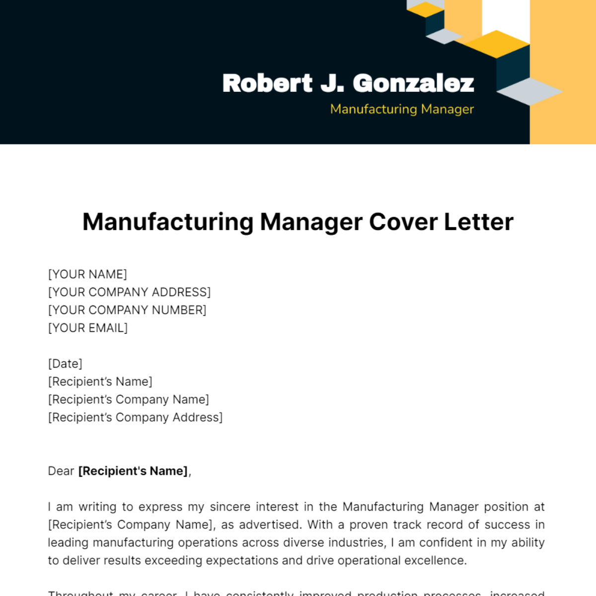 Manufacturing Manager Cover Letter Template