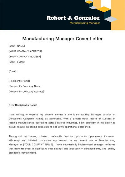 Free Manufacturing Manager Cover Letter Template to Edit Online