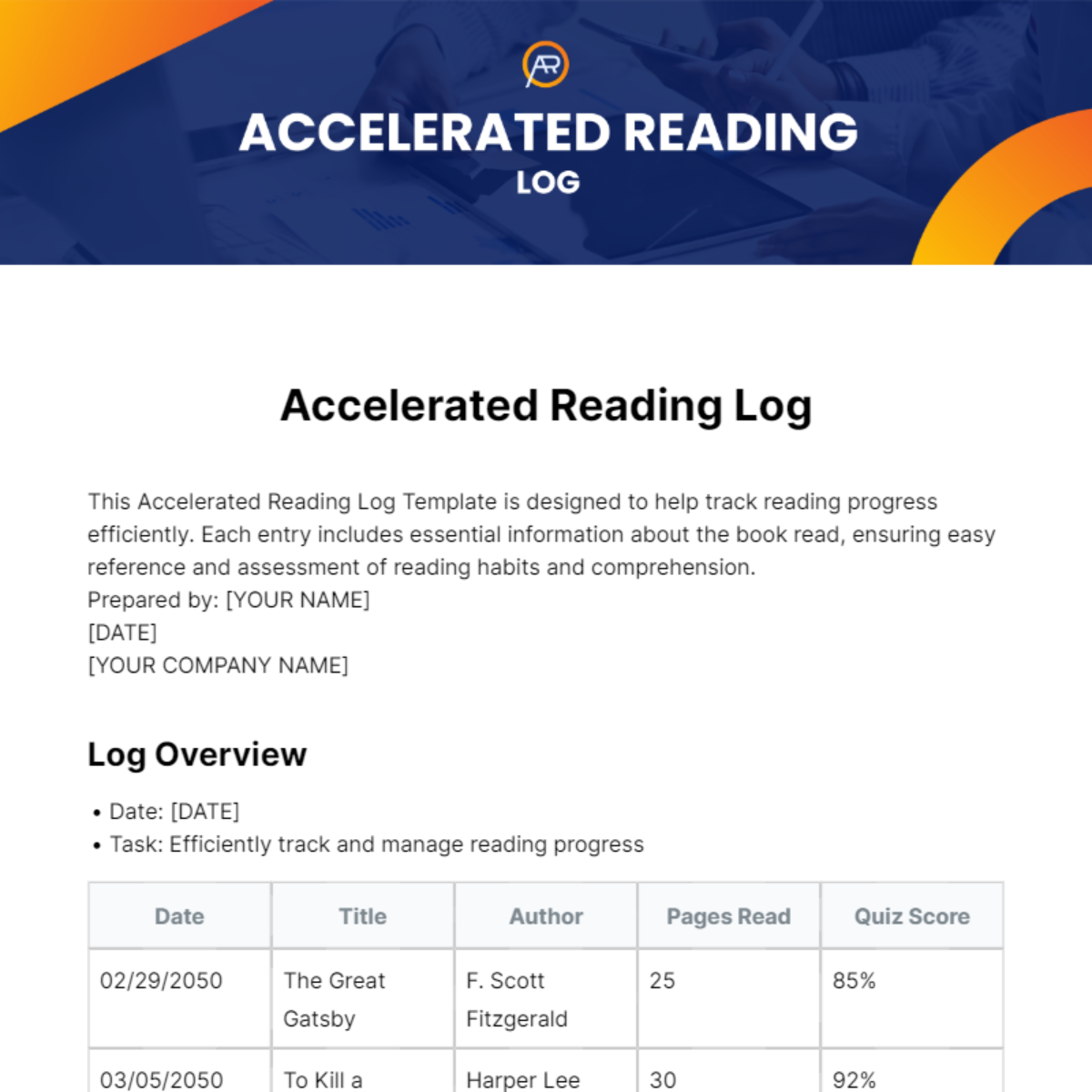 Accelerated Reading Log Template