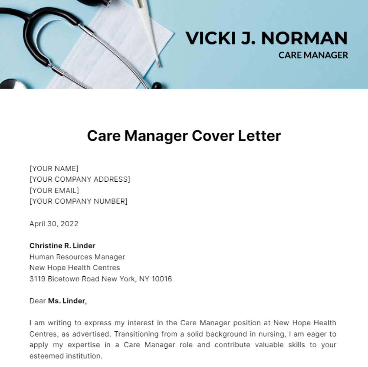 Care Manager Cover Letter Template