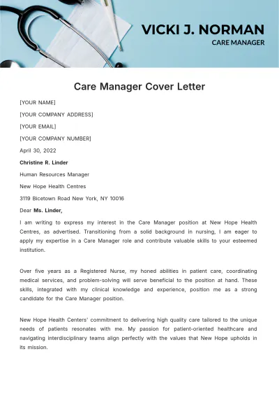 Free Care Manager Cover Letter Template to Edit Online