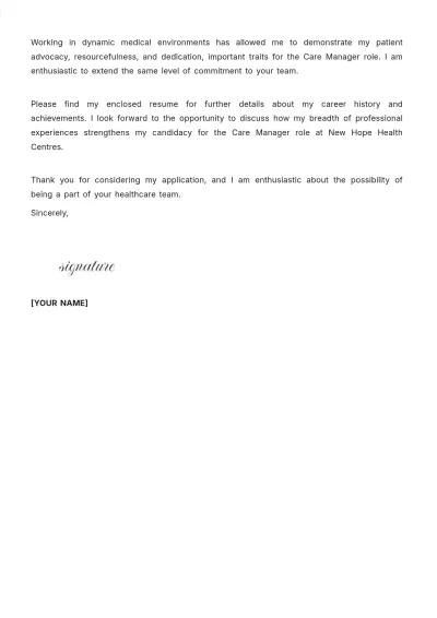Free Care Manager Cover Letter Template to Edit Online