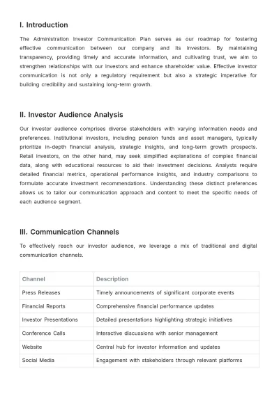 Free Administration Investor Communication Plan Template to Edit Online