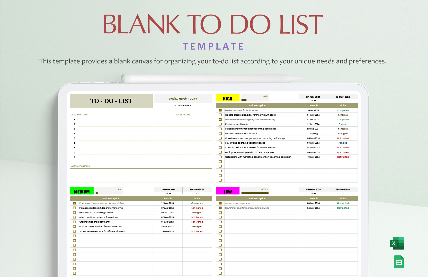 Blank To Do List Template in Excel, Google Sheets