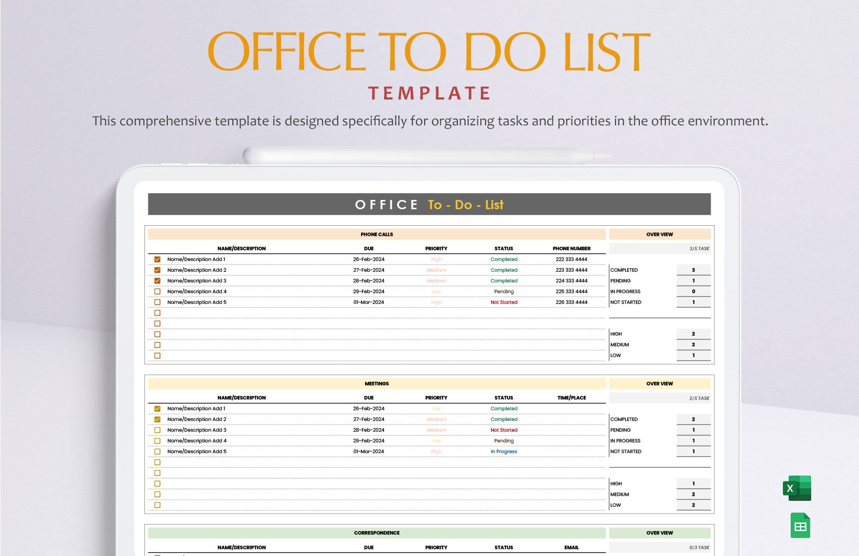 Office To Do List Template in Excel, Google Sheets
