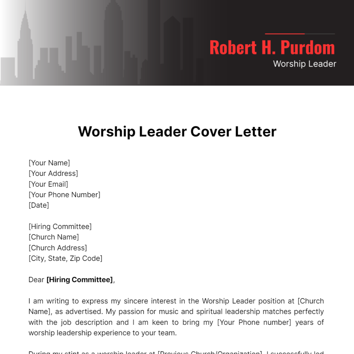 Worship Leader Cover Letter Template