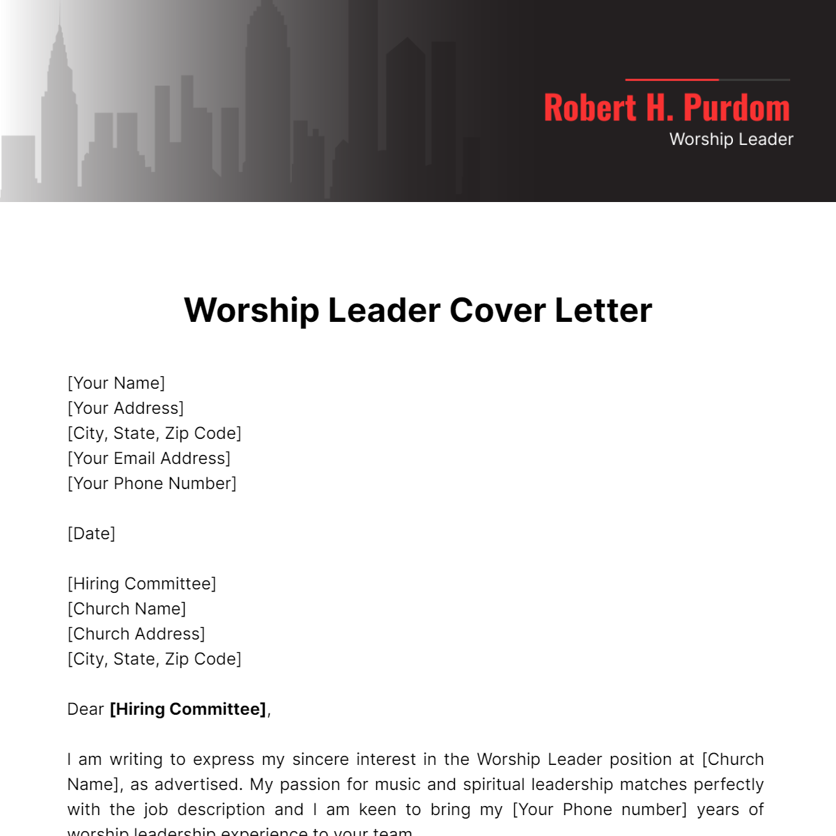 Worship Leader Cover Letter Template