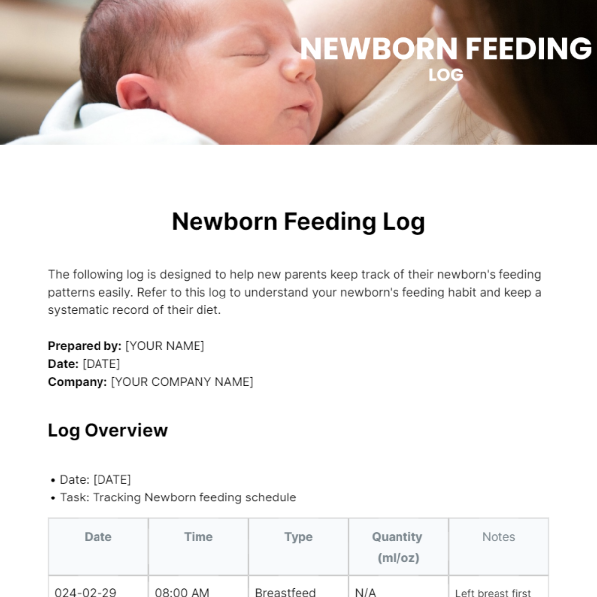 Newborn Feeding Log Template