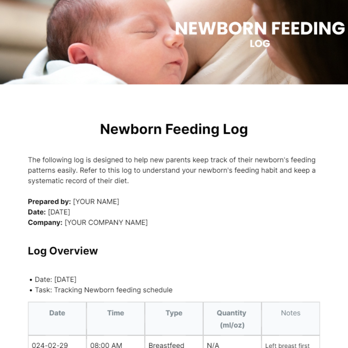 Newborn Feeding Log Template - Edit Online & Download