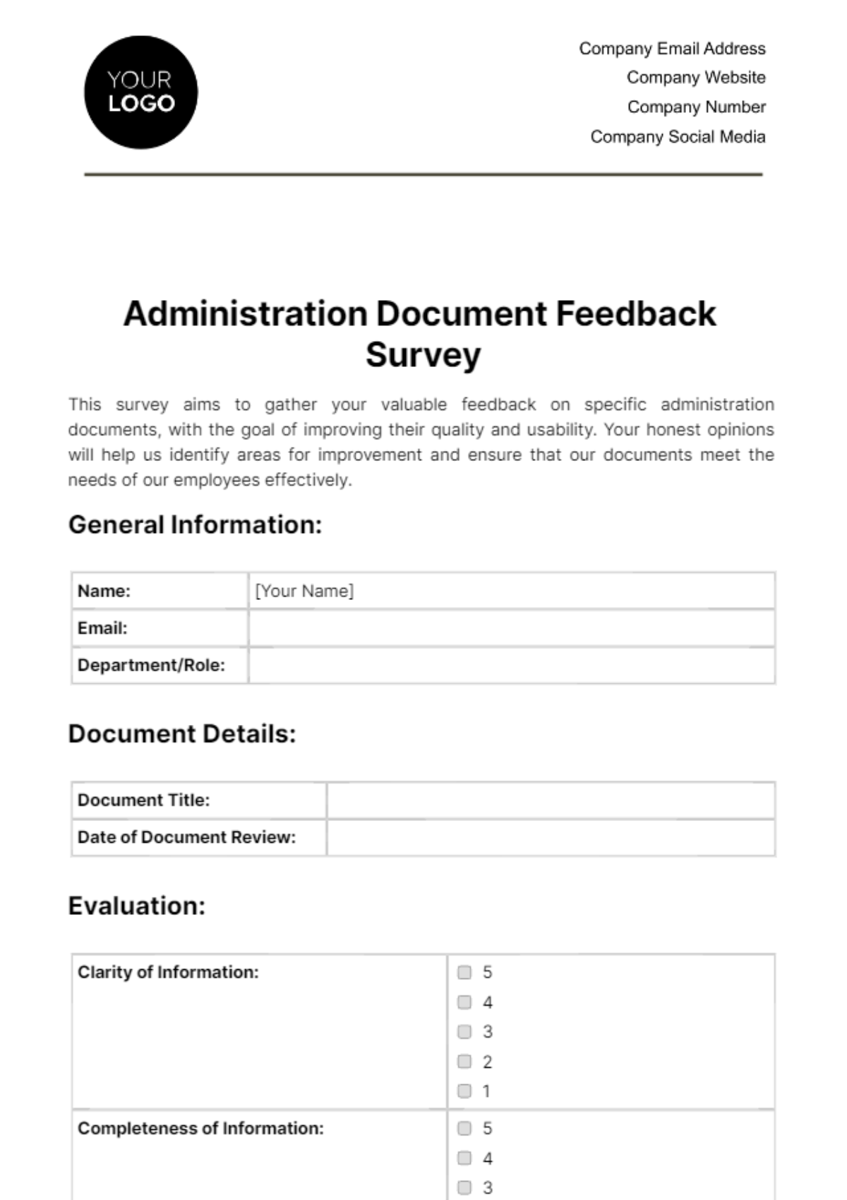 Free Administration Document Feedback Survey Template