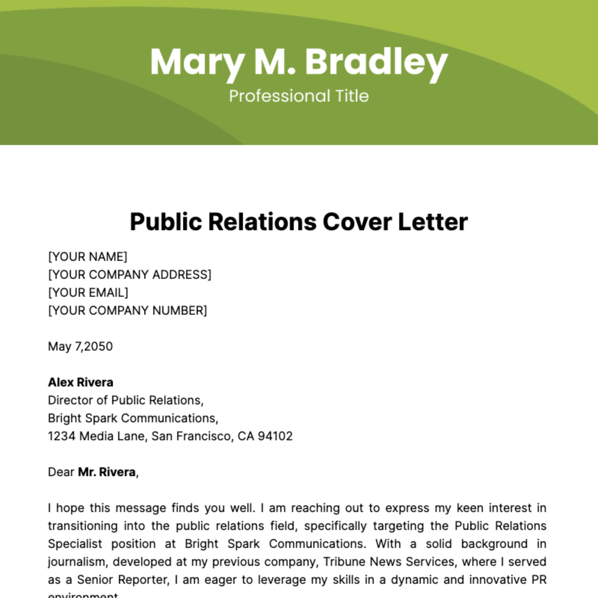 Public Relations Cover Letter Template
