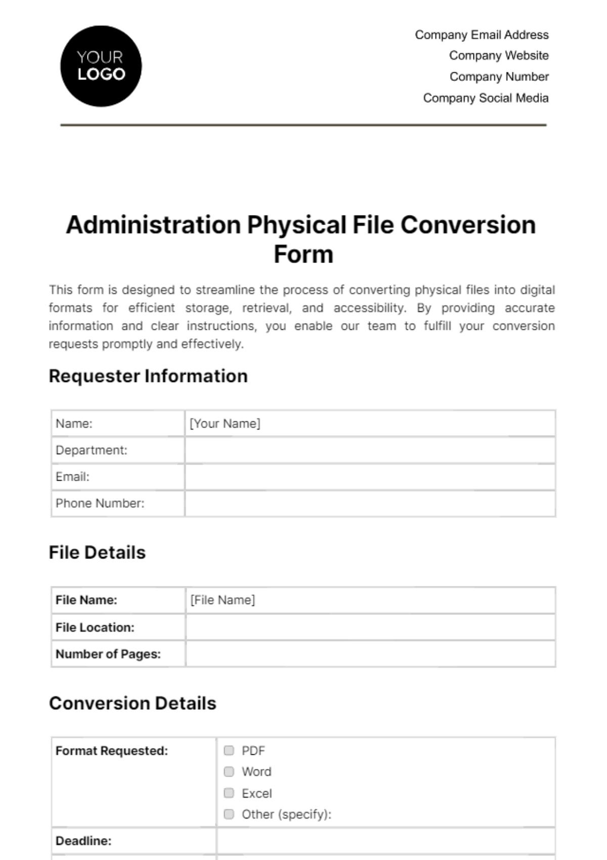 Free Administration Physical File Conversion Form Template