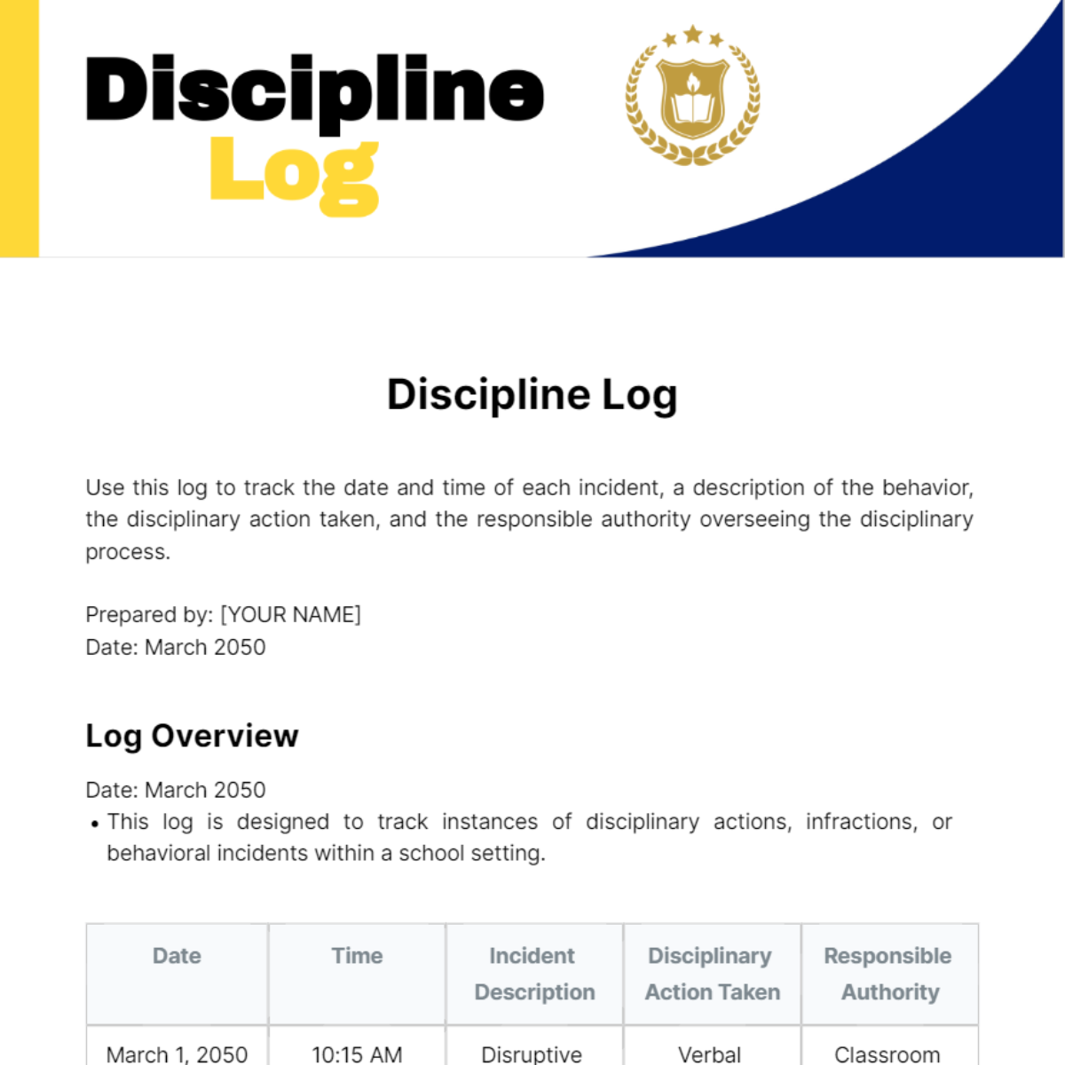 Discipline Log Template