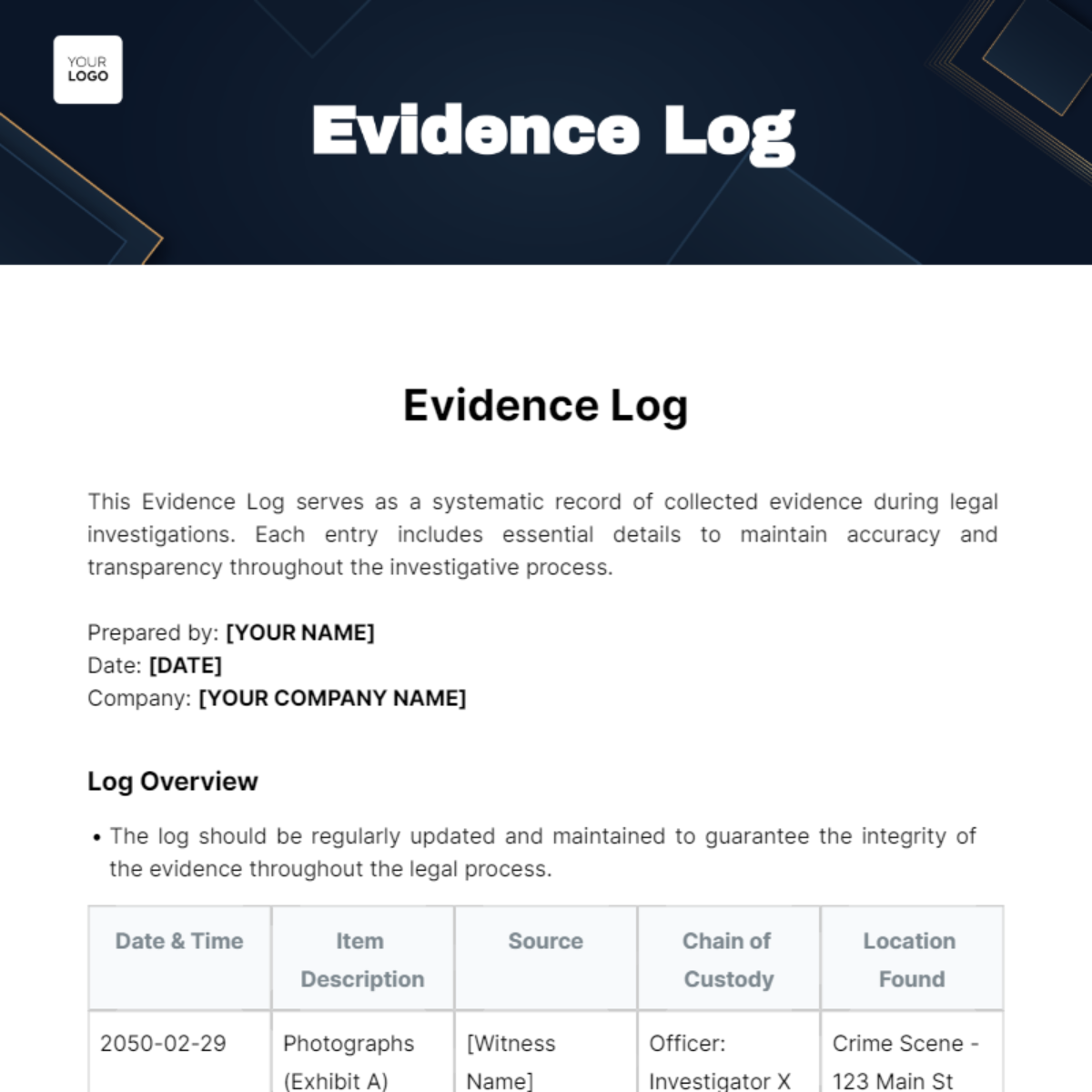 Evidence Log Template