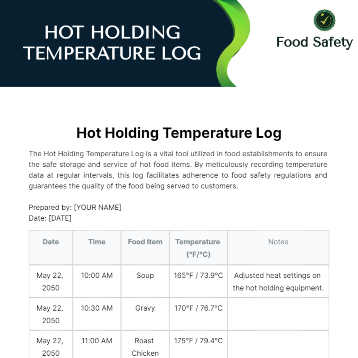 Hot Holding Temperature Log Template