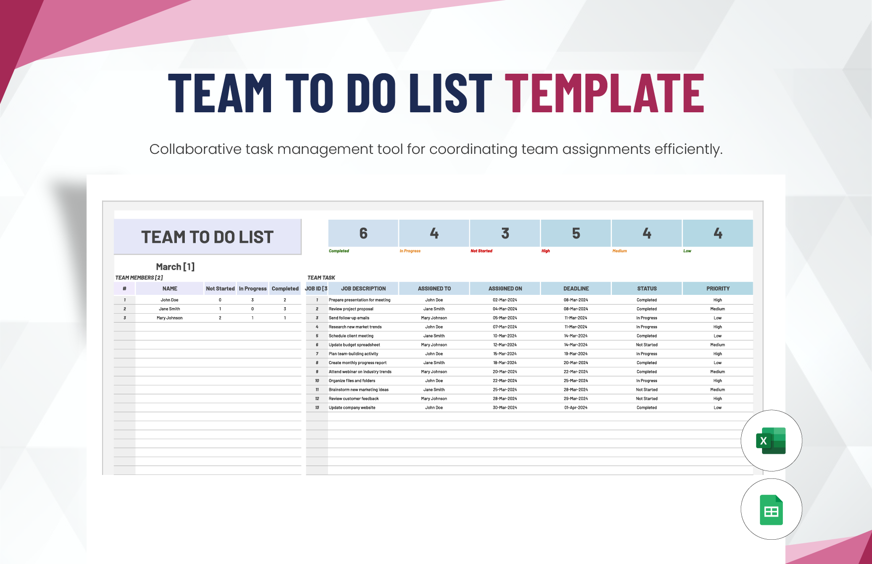 Team To Do List Template in Excel, Google Sheets