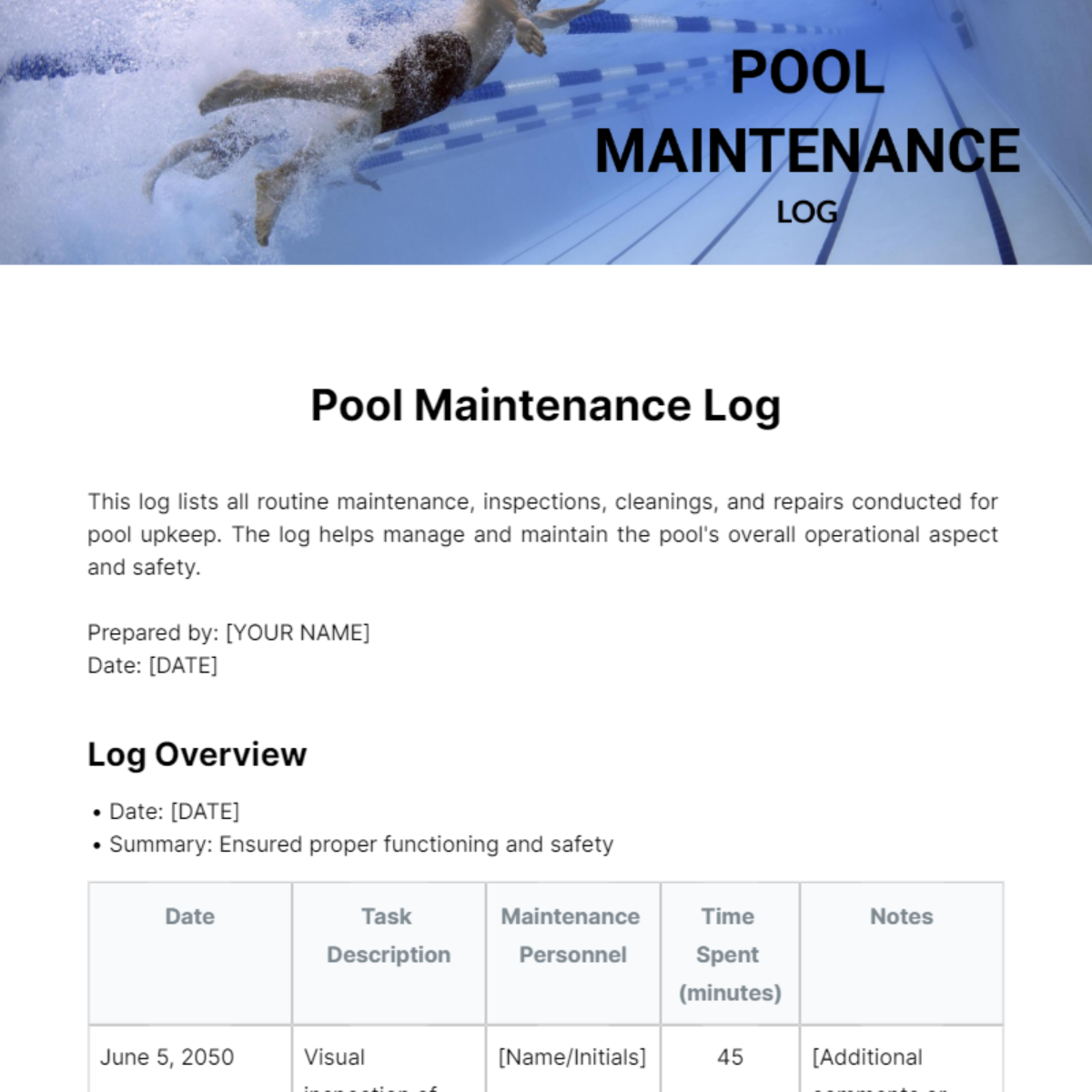 Pool Maintenance Log Template
