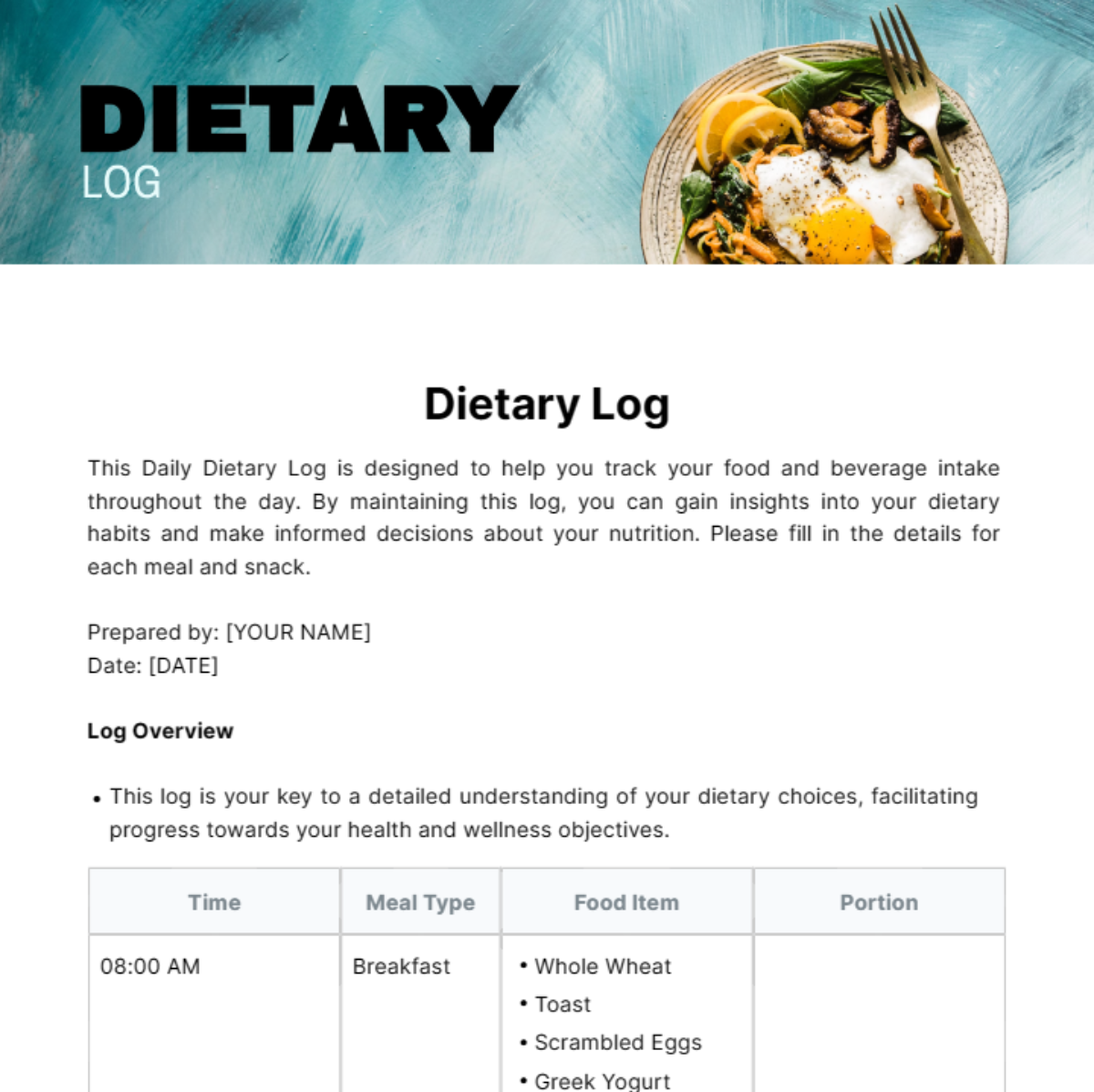 Dietary Log Template