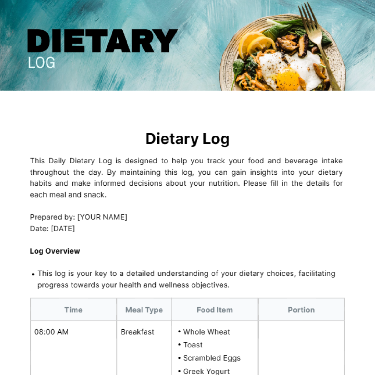 Dietary Log Template - Edit Online & Download