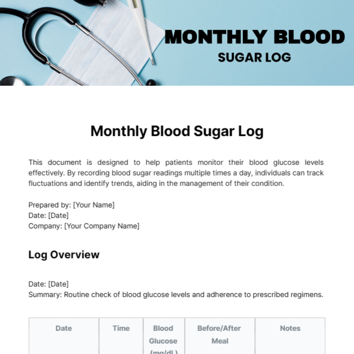 Monthly Blood Sugar Log Template