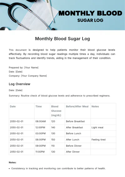 Free Monthly Blood Sugar Log Template to Edit Online