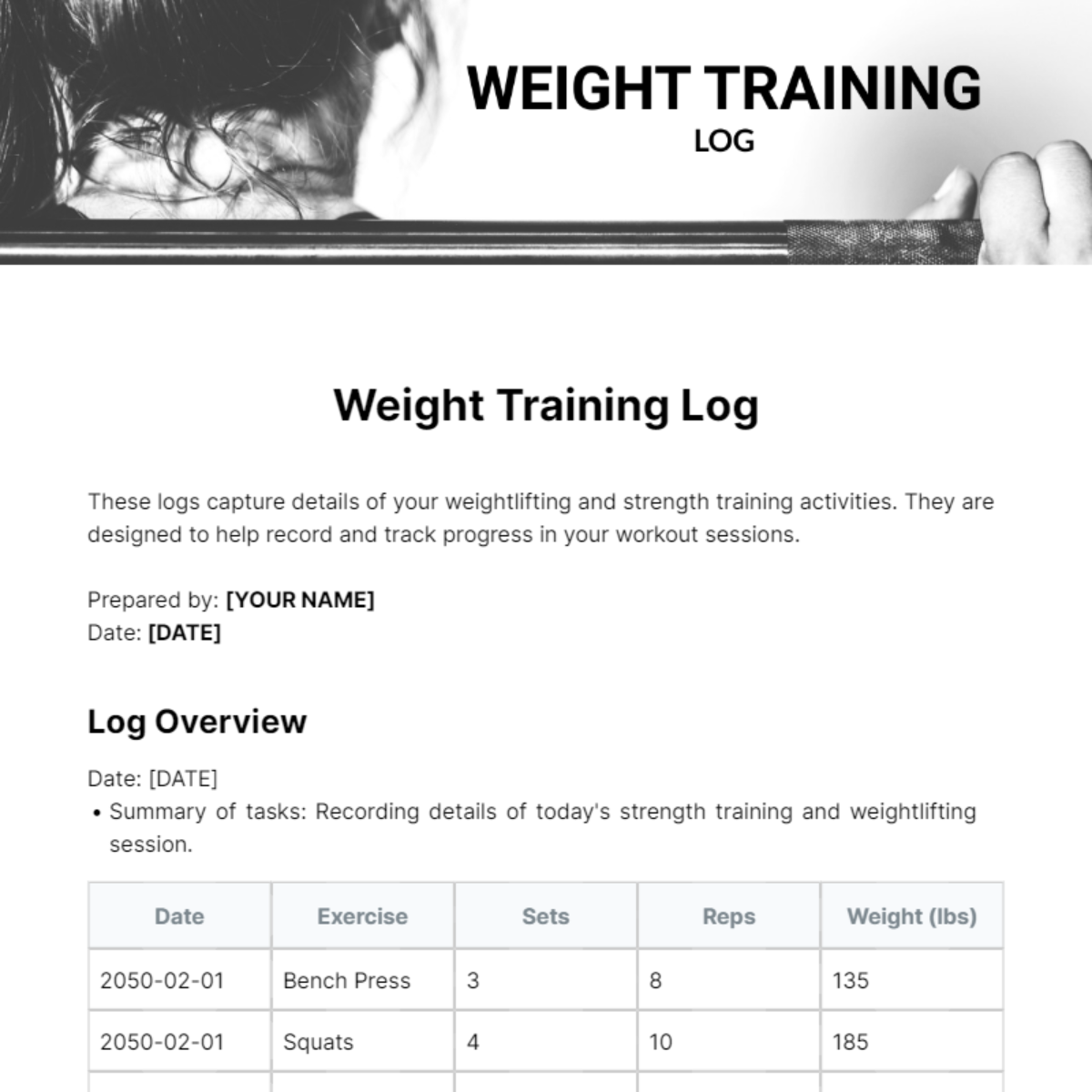 Free Weight Training Log Template