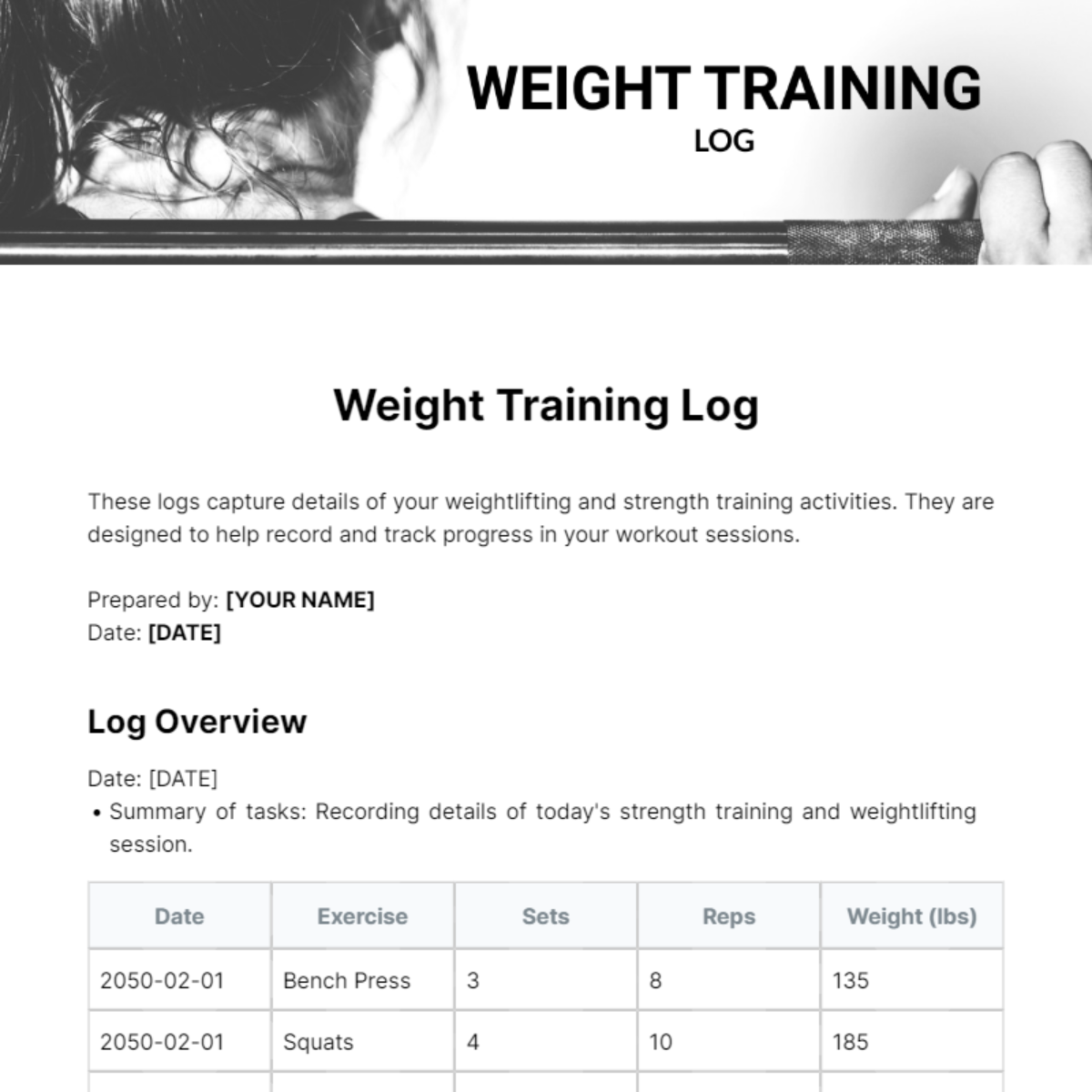 Weight Training Log Template - Edit Online & Download