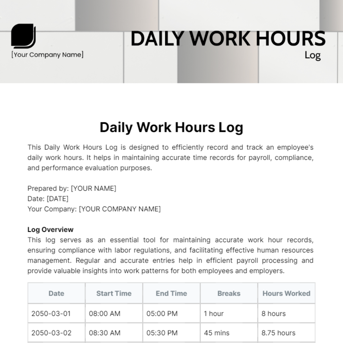 Free Daily Work Hours Log Template