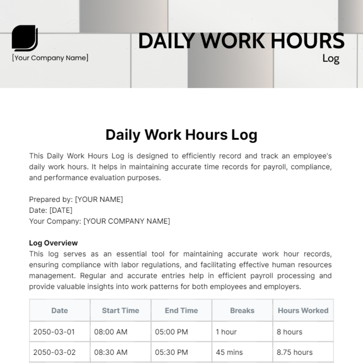 Daily Work Hours Log Template - Edit Online & Download