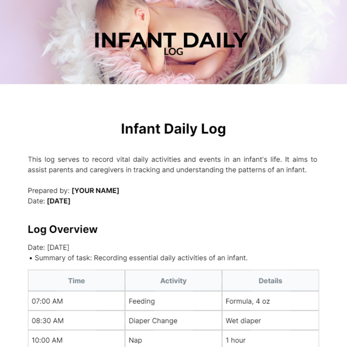 Free Infant Daily Log Template