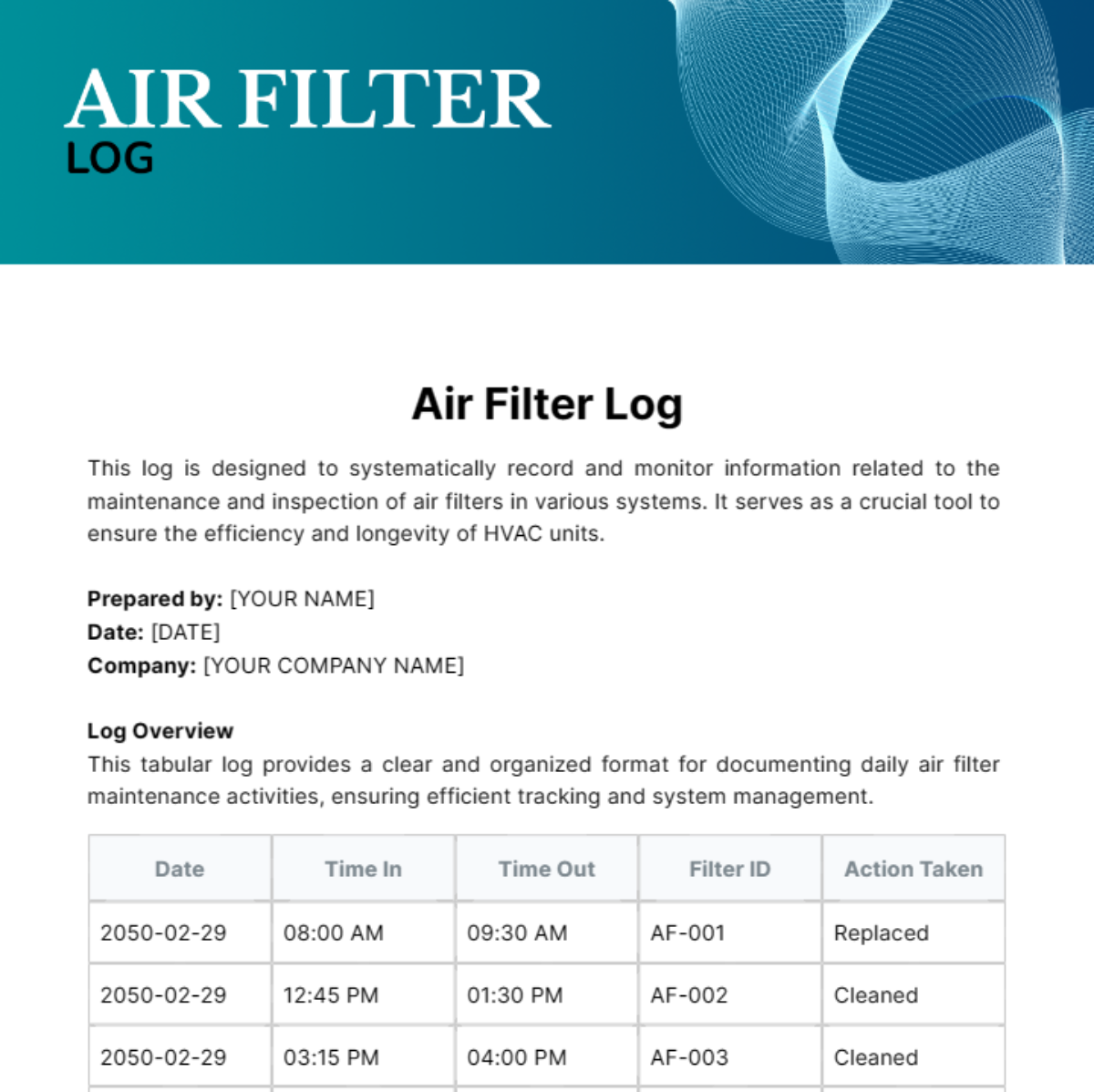 Free Air Filter Log Template