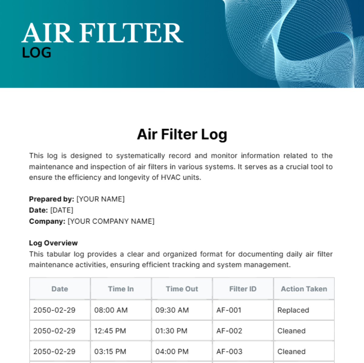 Air Filter Log Template - Edit Online & Download